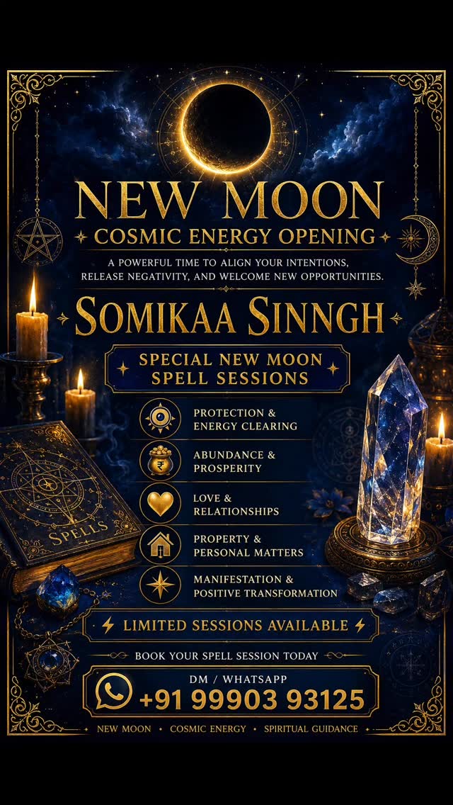 🌑✨ NEW MOON COSMIC ENERGY OPENING ✨🌑

A powerful time to release negativity, set intentions, and welcome new opportunities.

🔮 SOMIKAA SINNGH 🔮

Special New Moon Spell Sessions

🧿 Protection & Energy Clearing

💰 Abundance & Prosperity

❤️ Love & Relationships

🏡 Property & Personal Matters

🌟 Manifestation & Positive Transformation

⚡ LIMITED SESSIONS AVAILABLE ⚡

📩 BOOK YOUR SESSION TODAY

DM / WhatsApp
+91 99903 93125

✨ New Moon • Cosmic Energy • Spiritual Guidance ✨

#new moon #EnergyHealing #blockages #love #prosperity